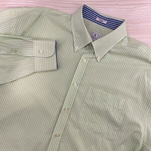 Peter Millar Casual Shirt Men 2XL Green & White Striped 100% Cotton Button‎ Down